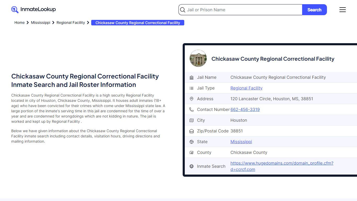 Chickasaw County Regional Correctional Facility Inmate Search, Jail ...